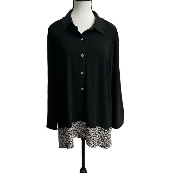 DENNIS by DENNIS BASSO Italia Knit Front Button Cardigan W/Animal Print Hem Med - Picture 1 of 8